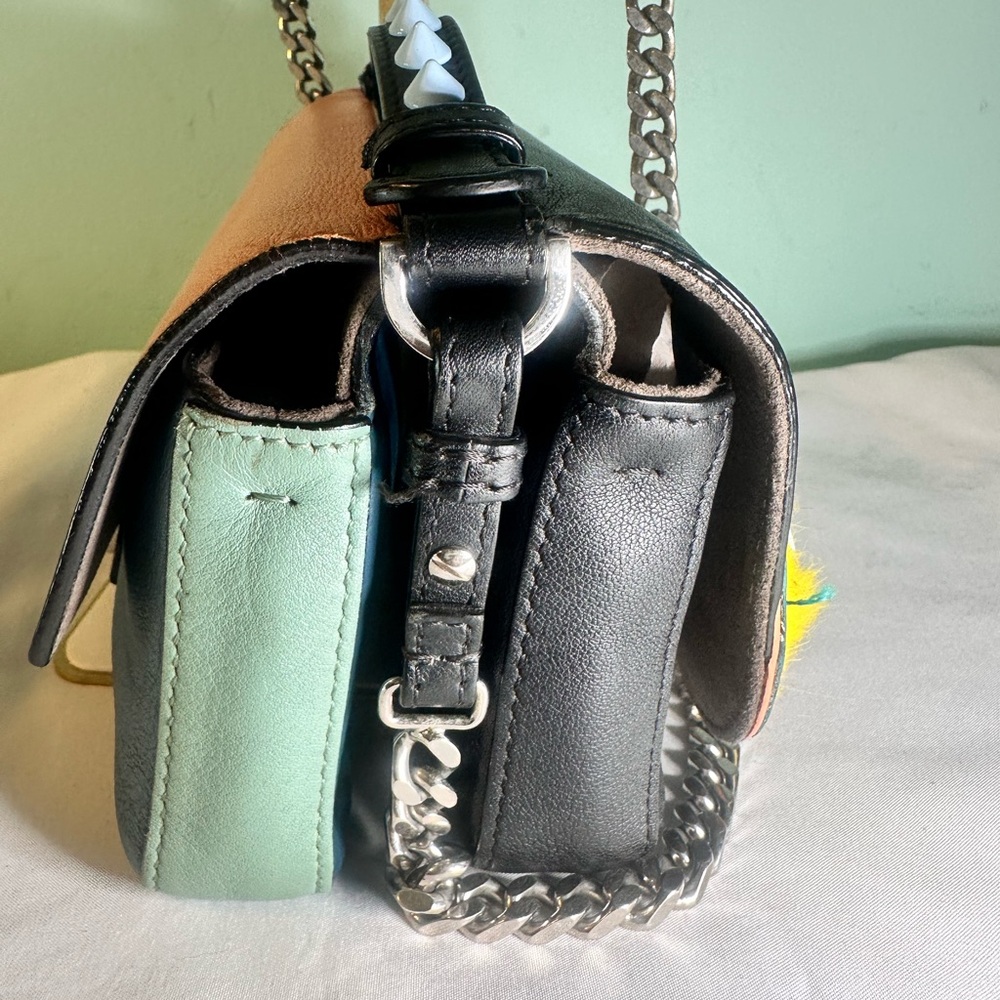 Fendi Monster Mini Baguette Crossbody Multicolor Leather Fur Chain Bag Rare - Picture 7 of 12